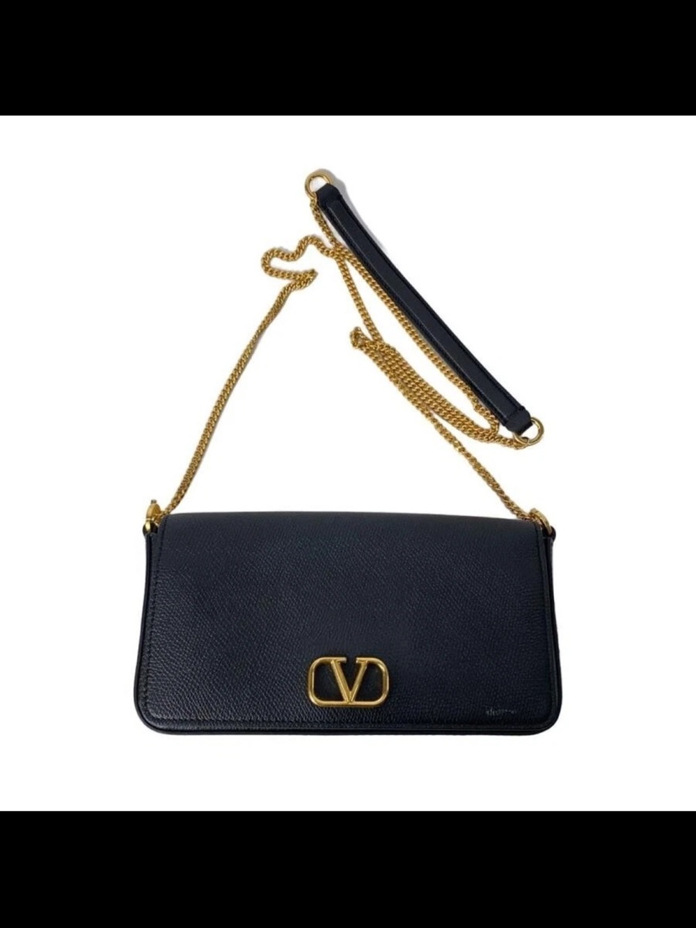 Valentino Garavani Navy Blue Leather V-Logo Chain Shoulder Bag